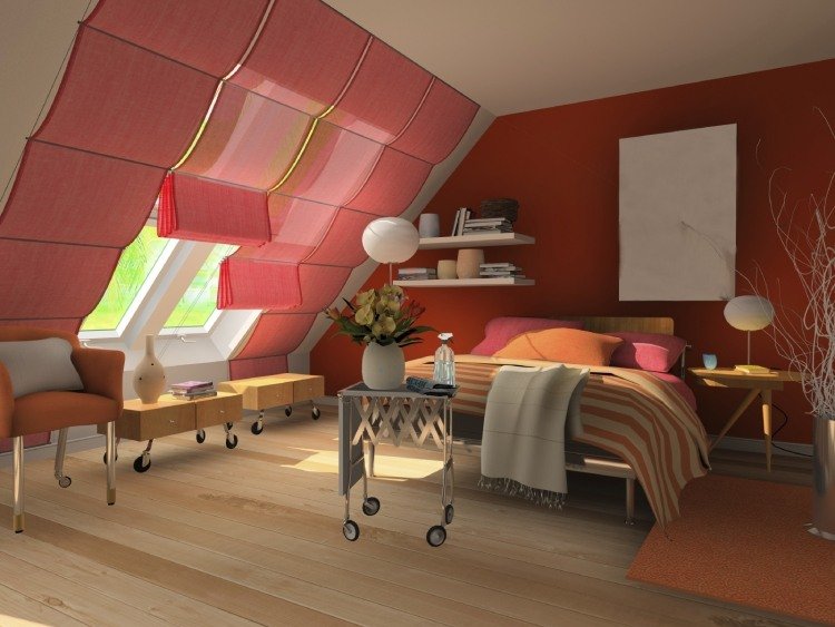 levande-idéer-loft-sovrum-inredning-vägg-färg-rött-tyg-shalosia