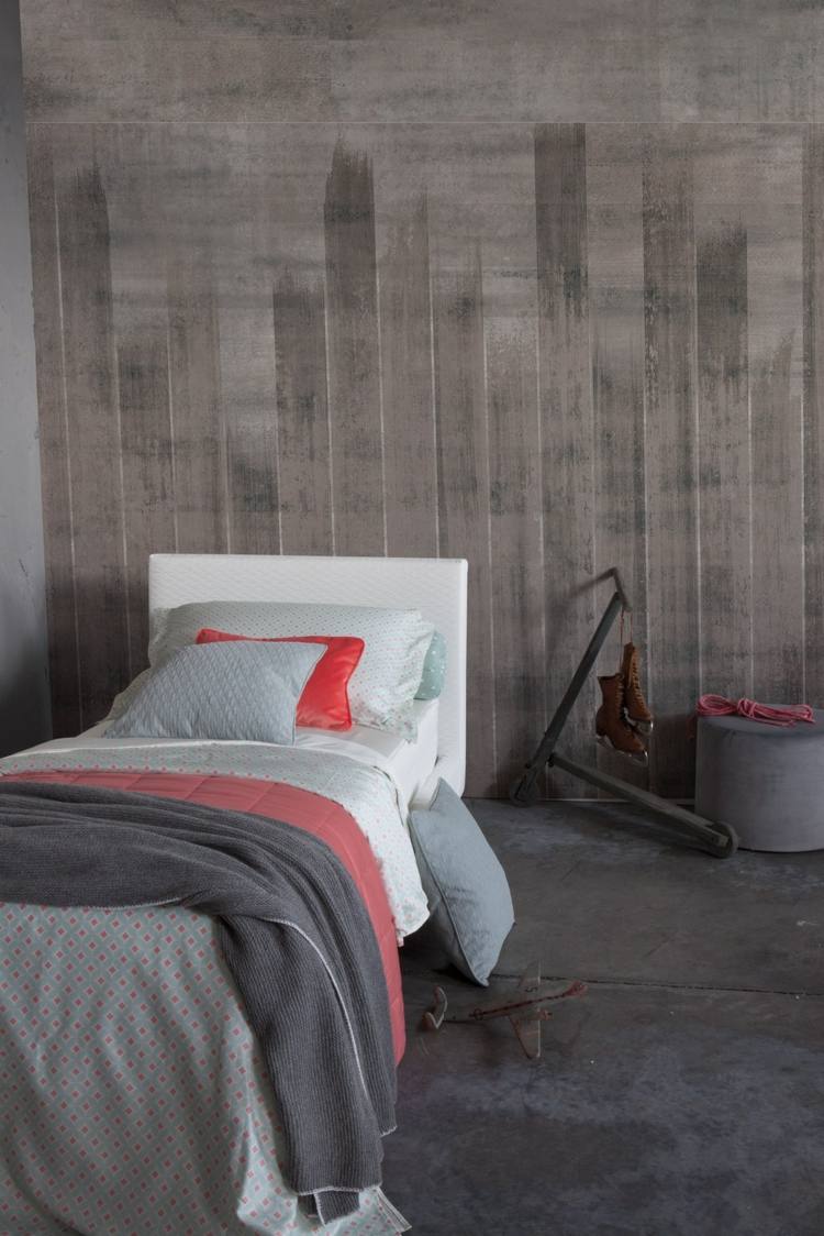 Designer tapeter sovrum-betong-look-grå-vit-enkelsäng-vit-klädsel-FENZ-Inkiostro-Bianco
