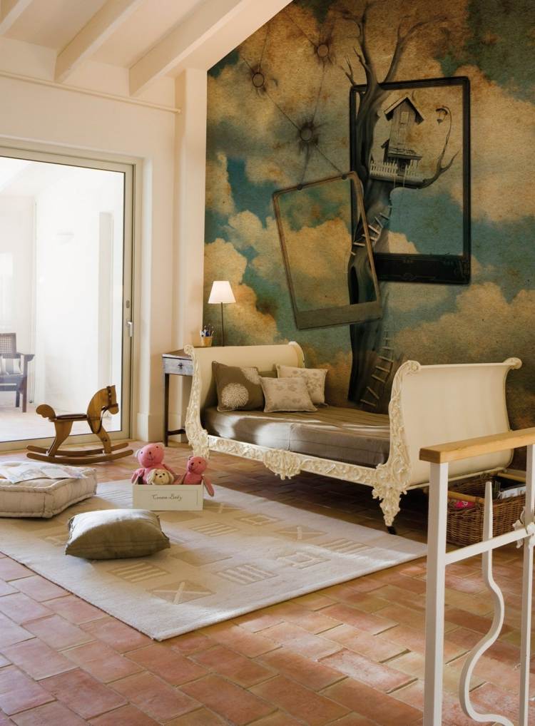 designer-tapeter-sovrum-barnrum-surrealistiskt-vintage-moln-träd-trappor-hus-DREAMLAND-Inkiostro-Bianco