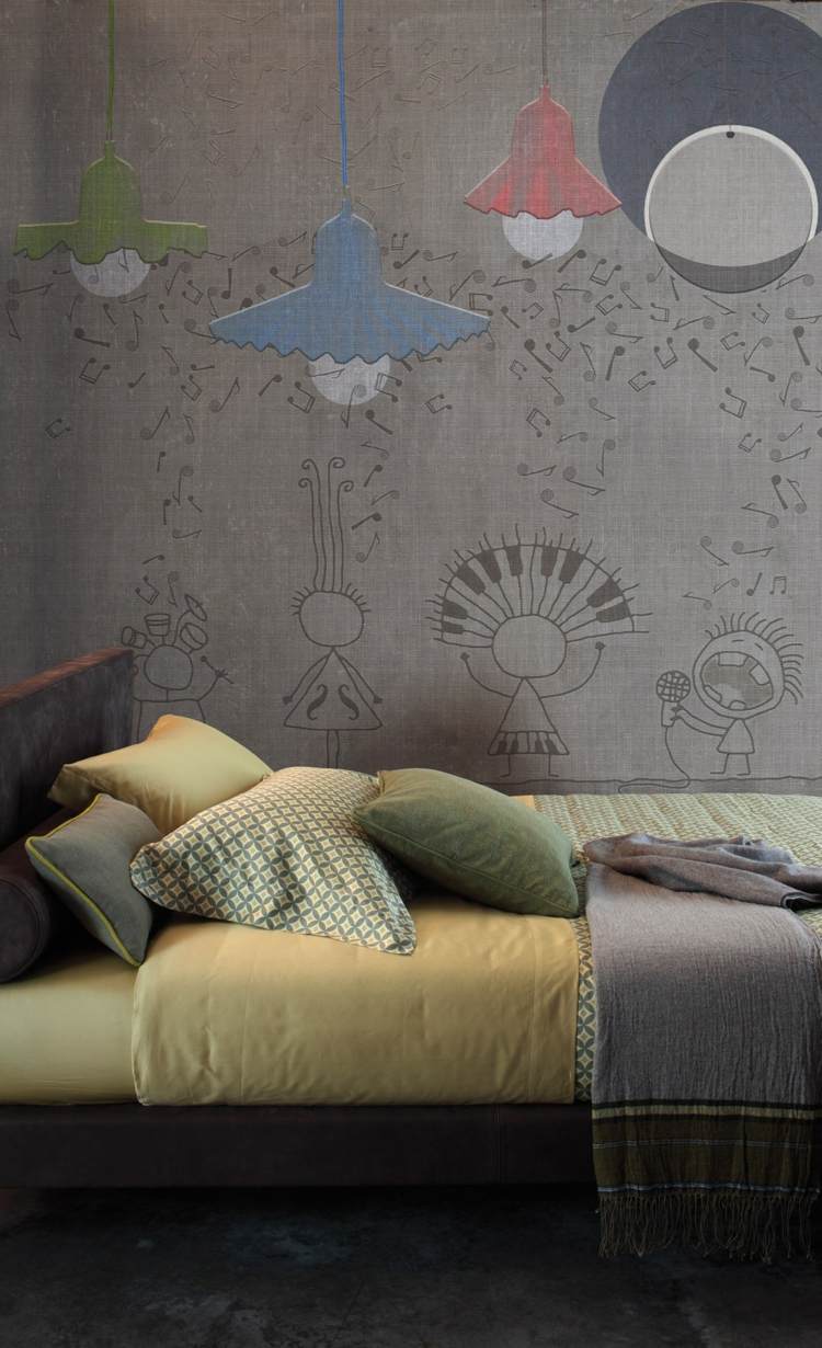 designer-tapeter-sovrum-ritning-grå-grön-blå-röd-trä-säng-gul-sängkläder-EGG-OF-COLUMBUS-Inkiostro-Bianco