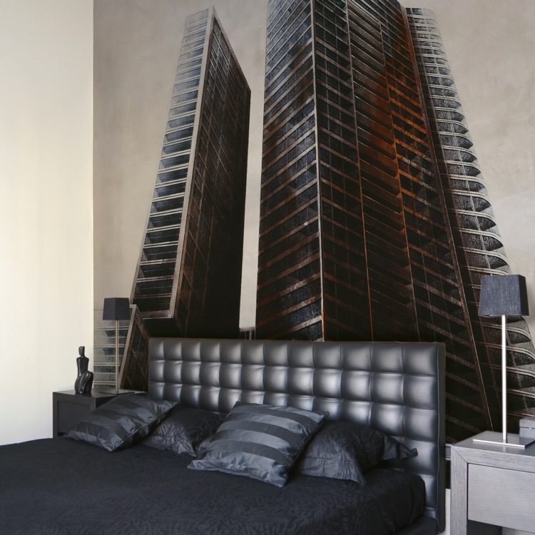 designer-tapeter-sovrum-skyskrapa-motiv-brun-svart-läder-sänglinne-SIMBOL-OF-Inkiostro-Bianco