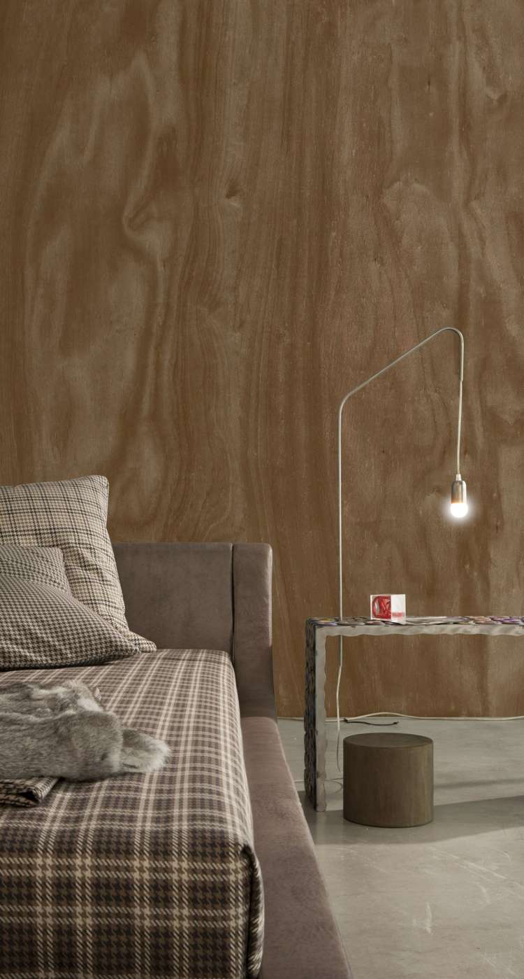 designer-tapeter-sovrum-trä-look-brun-stoppade säng-rutiga sänglinne-OKUMÈ-Inkiostro-Bianco