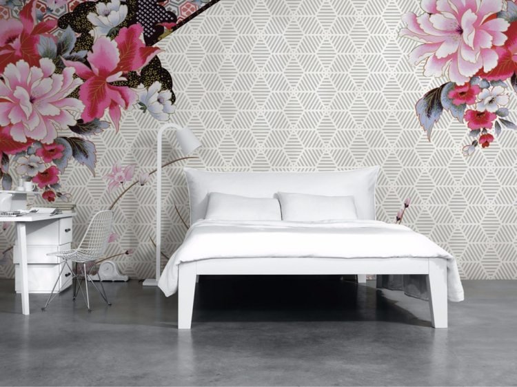 Designer tapeter sovrum-blommönster-japansk-pion-rosa-röd-grå-NATZUMI-Inkiostro-Bianco