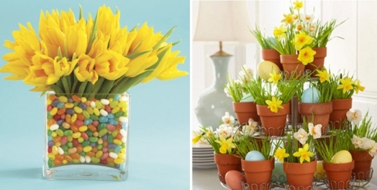 påskdekoration vårblommor blomkrukor