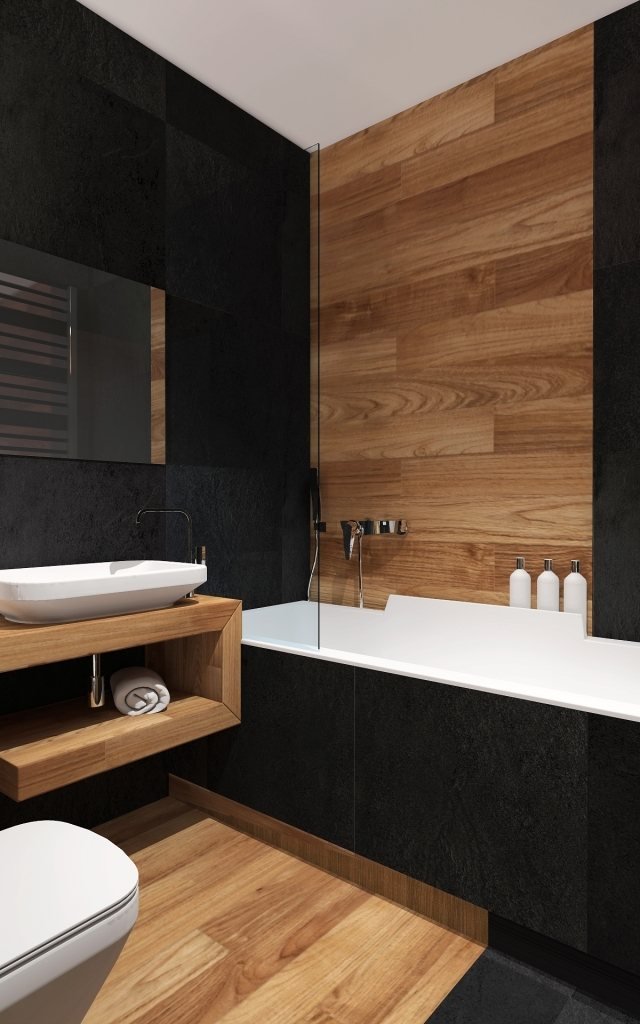 badrumsidéer-kakel i trä utseende-vägg-golv-svart-kakel-trä-fåfänga