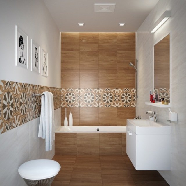 badrumsidéer kakel i trälook badkar-toskany-kakel-mönster-grå-väggplattor