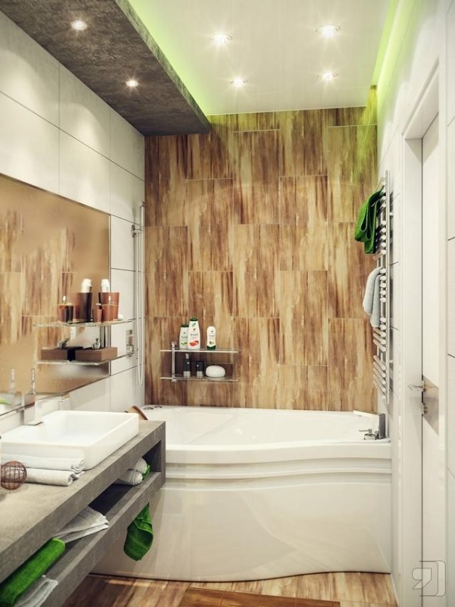 modernt-litet-badrum-badkar-vägg-golv-kakel-trä-ser-grön-belysning