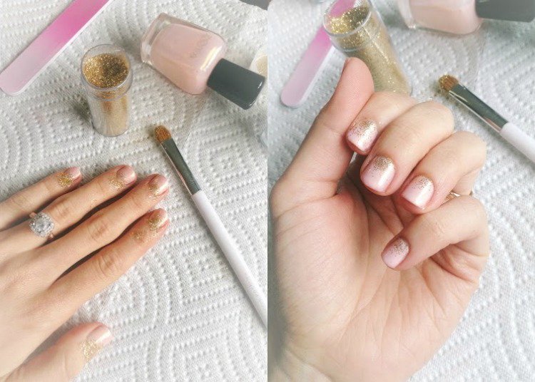 Spikmotiv-gör det själv-glitter-nageldesign-guldborste