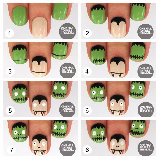 halloween-nagelmotiv-gör-det-själv-instruktioner-vampyr-frankenstein