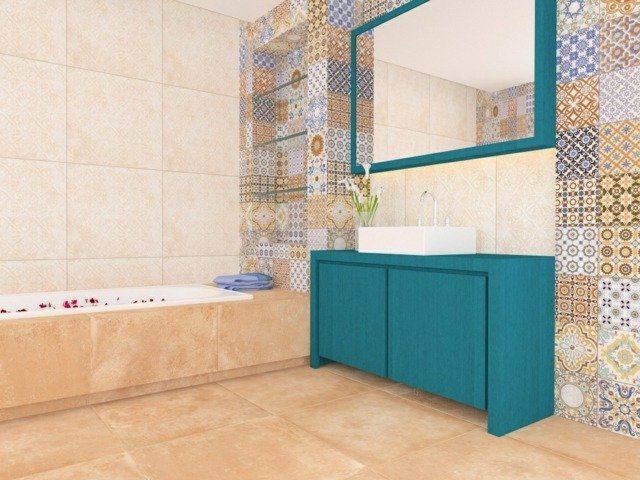 Turkos-färg-möbler-i-badrummet-med-beige-kakel-på-golvet-färgglada-vägg-kakel