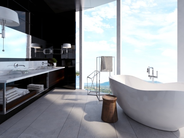 svart-kakel-med-högglans-välvda-badkar-handfat-tallrik gjord av marmor