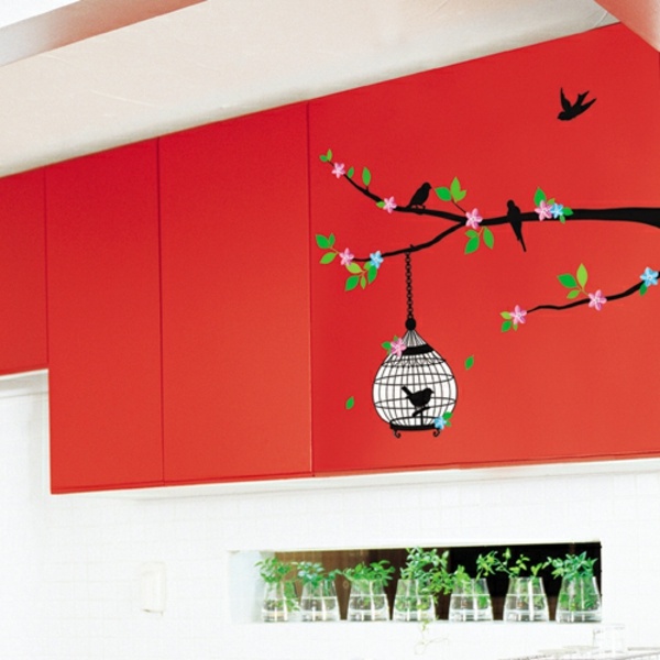 Köksskåp röd färg fågelbur väggdekal