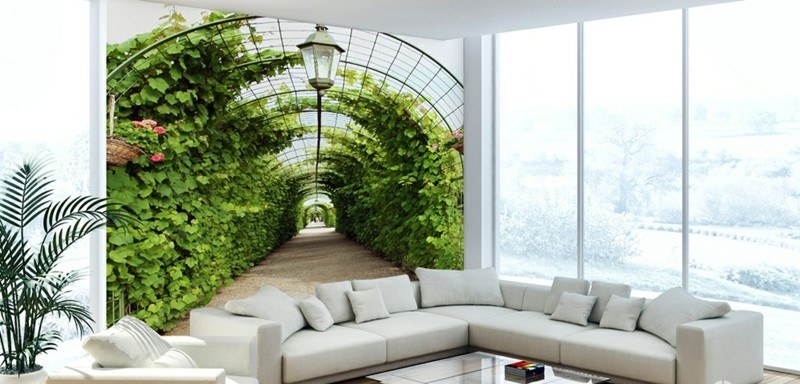 väggdekoration idéer vardagsrum fototapet gröna växter hörnsoffa vit