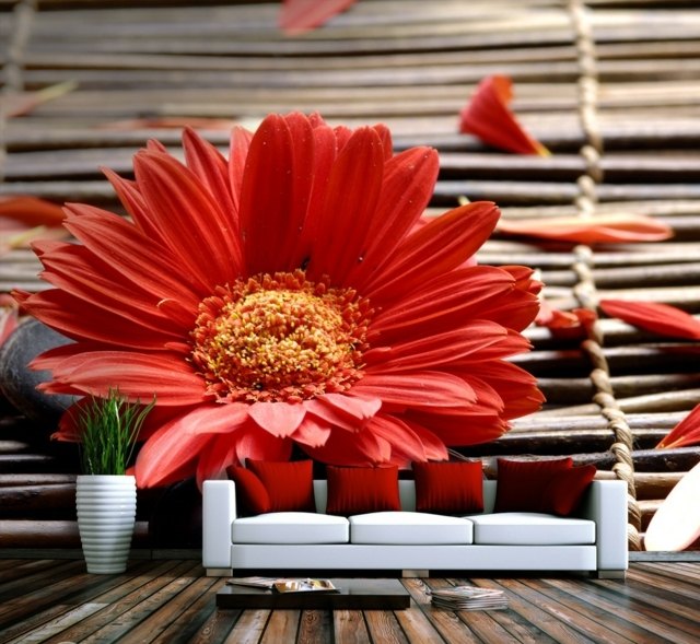 Levande idéer blommor röd färg accenter laminatgolv vit soffa