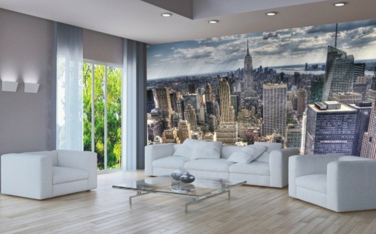väggdekoration idéer fototapet skyline modern grå vit soffa