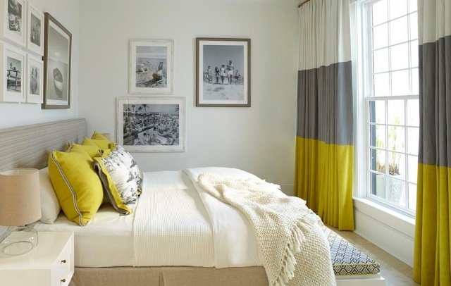 Använd soliga gula hemidéer i sovrummet strandstil färgschema