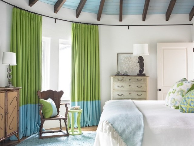 gröna azurblå rena gardiner draperier idéer strandstil sovrum