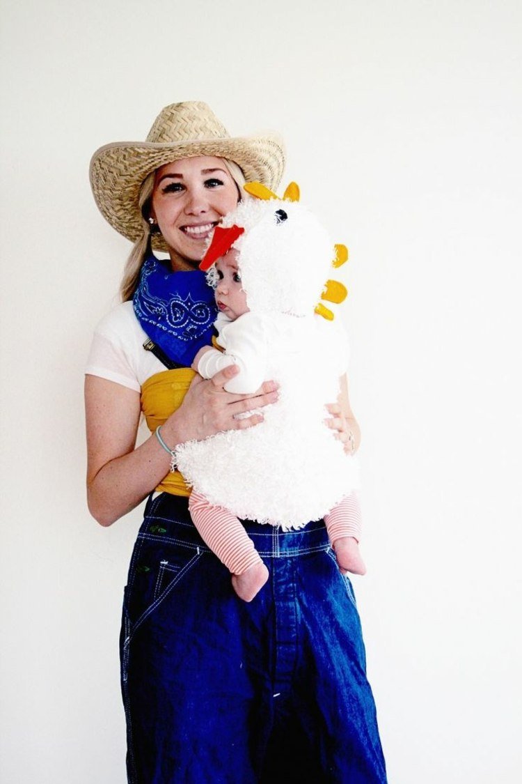 mor- och bebiskarnevalskostymer bonde-bonde-kyckling-barn