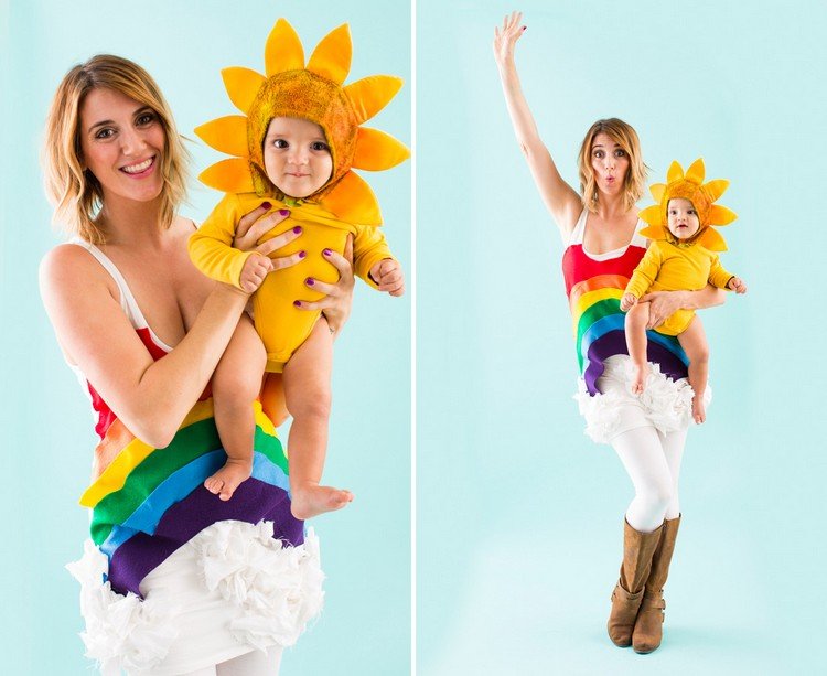 Mamma-baby-karneval-kostymer-regnbåge-sol-samordnade