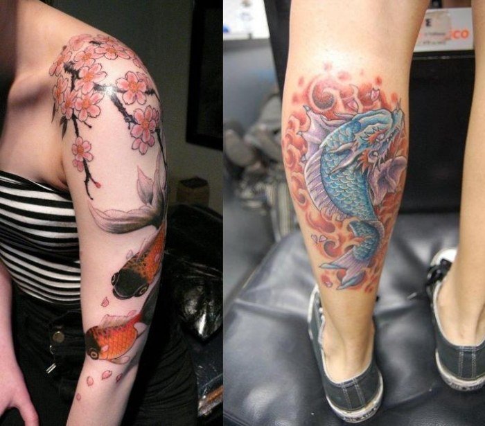 koi-tatuering-design-för-kvinnor-arm-axel-körsbärsblom-drake-koi