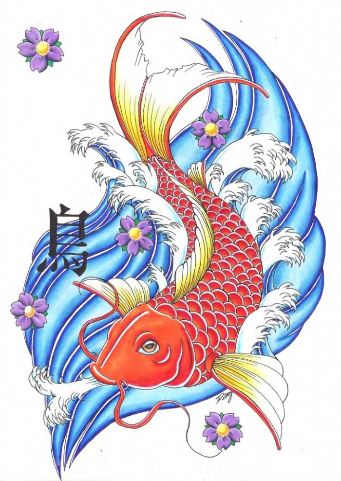 japanska-motiv-tatuering-design-koi-fisk-mall-orange-röda-vågor