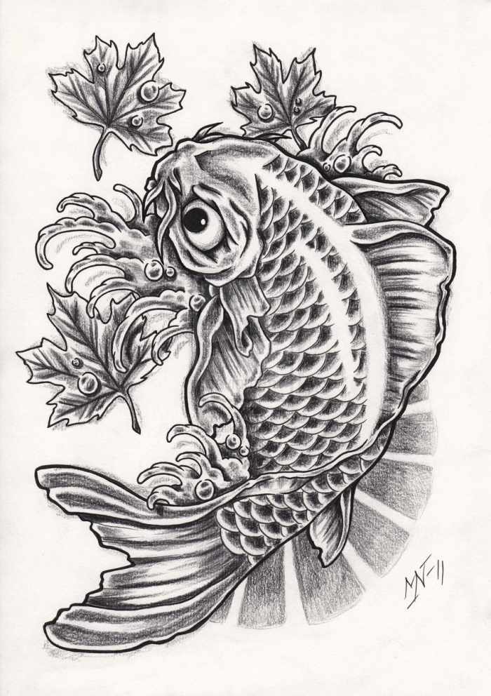 asiatisk-tatuering-design-koi-fisk-blad-mall-online