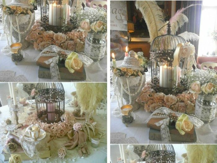 Fågelbur-vintage-bröllop-dekor-med-pärlor