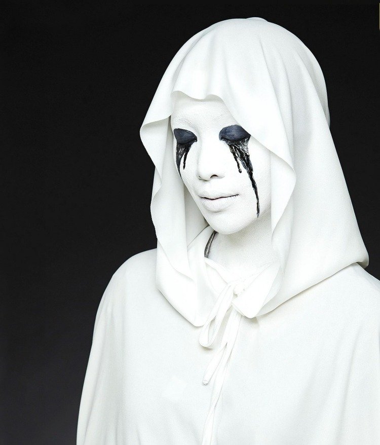 Halloweenkostymer -demon-vit-svart-tårar-klädhuva