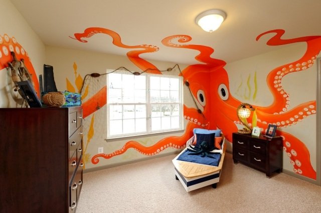 barnrum-design-färg-vägg-målning-orange-bläckfisk-pojke