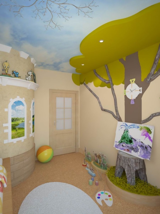 Barnrumsdesign med färg-väggmålning-träd-tak-himmel