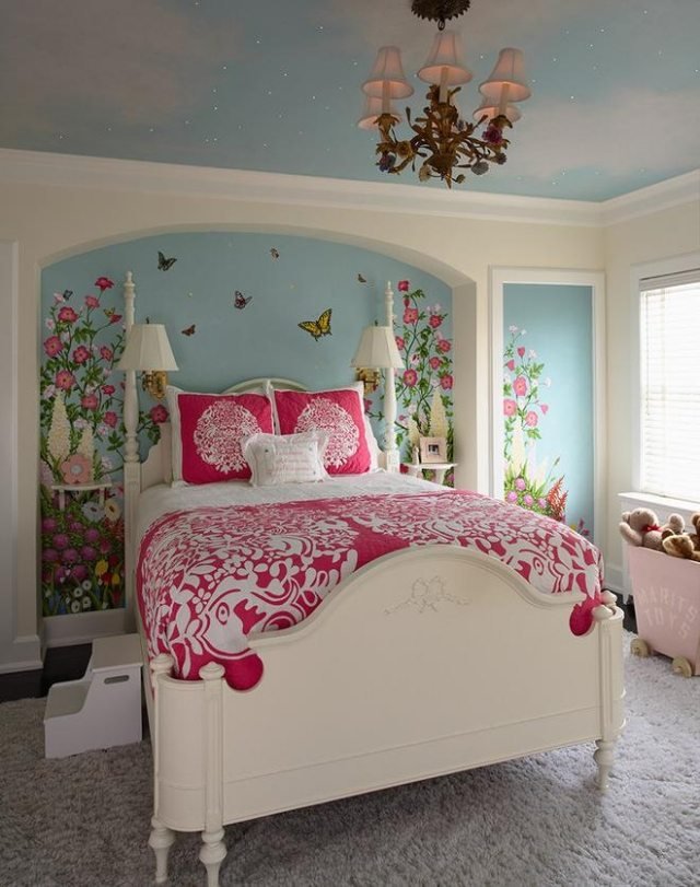 Barnrum-design-färg-vägg-målning-flickor-rum-blommor