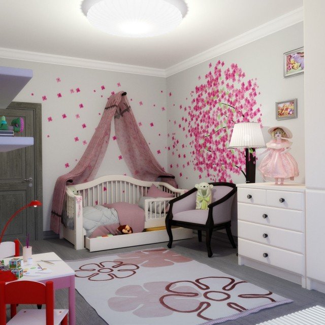 barnrum-design-färg-flicka-stencil-körsbärsblomsträd