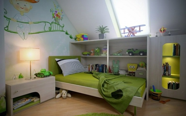 Barnrumsdesign med färg väggmålning säng sluttande säng säng grön