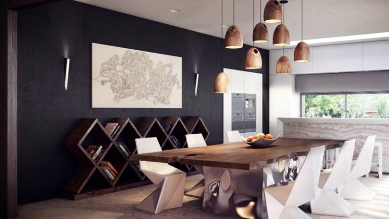 massivt trä möbler idéer moderna rustika stolar hängande lampor hylla check mönster