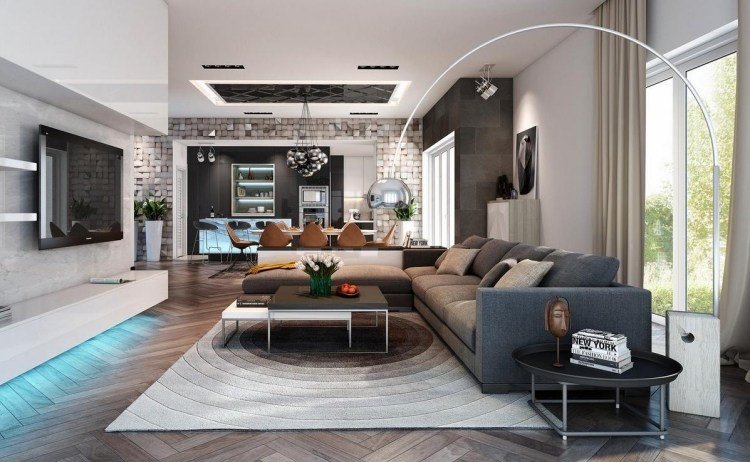 vardagsrum-idéer-design-skapande-modern-grå-färg-nyanser-indirekt-belysning-levande-vägg