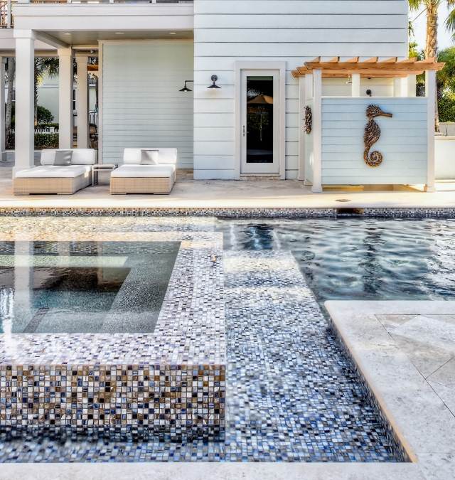 pool mosaik terrass utomhus dusch design idéer