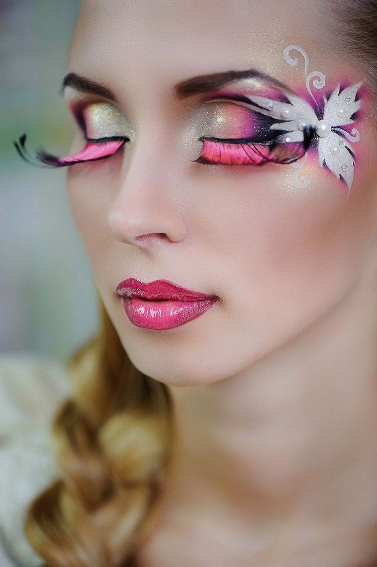 Makeup-tips-karneval-idéer-rosa-falska ögonfransar-blomma-pärlor