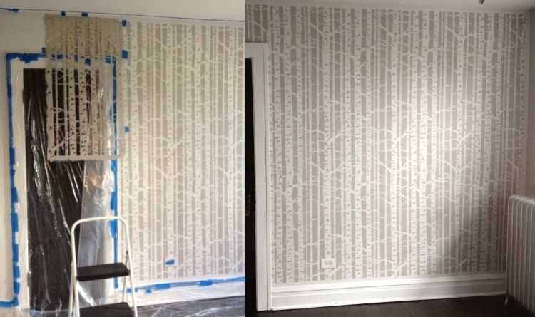väggmålning-idéer-sovrum-gör-det-själv-vit-ljusgrå-björkmönster-stencil