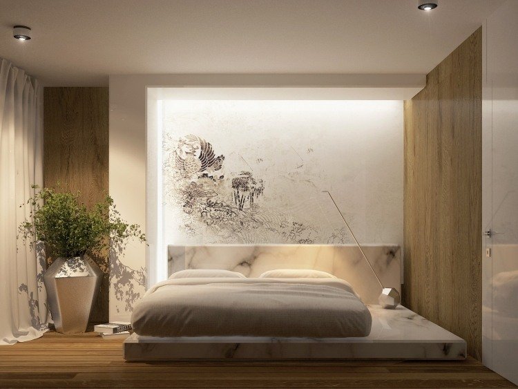 väggmålning-idéer-sovrum-gör-det-själv-indirekt-belysning-vägg-design-marmor-säng