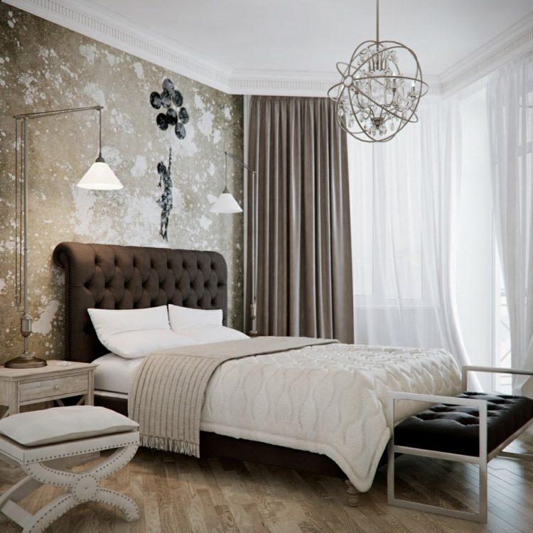 väggmålning-idéer-sovrum-gör-det-själv-modern-grå-vit-brun-fläckar-trägolv