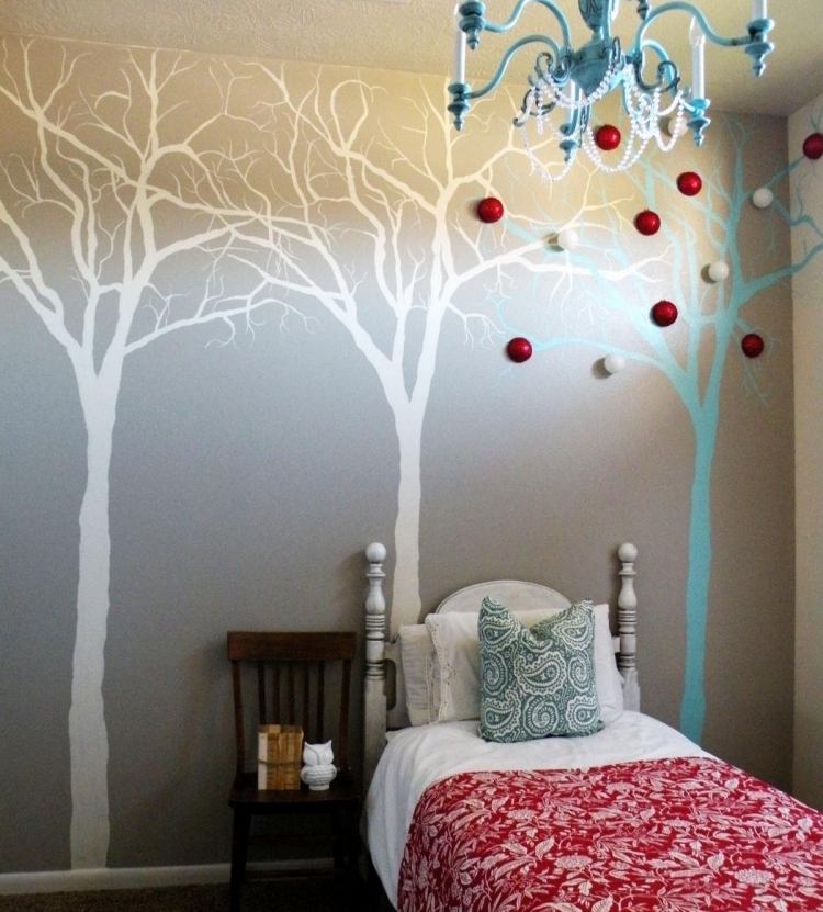 väggmålning-idéer-sovrum-gör-det-själv-grå-stencil-skogsträd