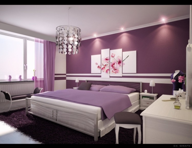 väggmålning-idéer-sovrum-gör-det-själv-lila-ränder-två-vita-säng-toalettbord