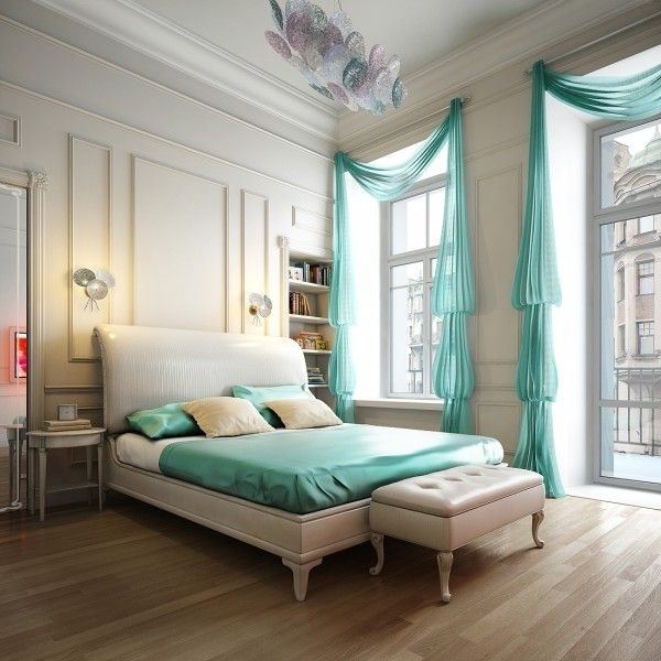 sovrum gardiner-draperade turkosblå färgschema moderna