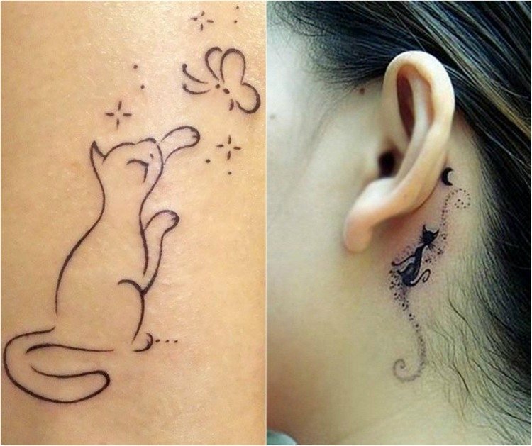 katt-tatuering-idéer-små-linjer-bakom-örat-fjäril