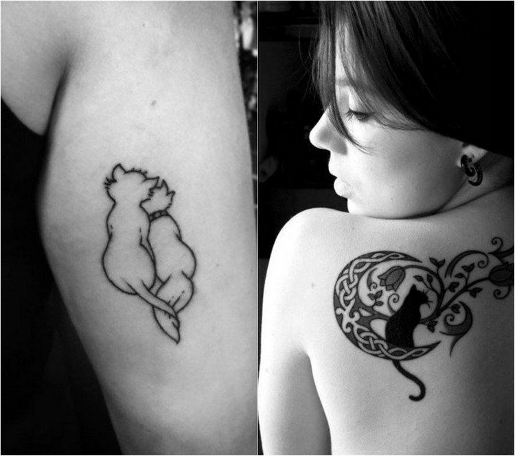 katt-tatuering-idéer-överarm-axelblad-måne