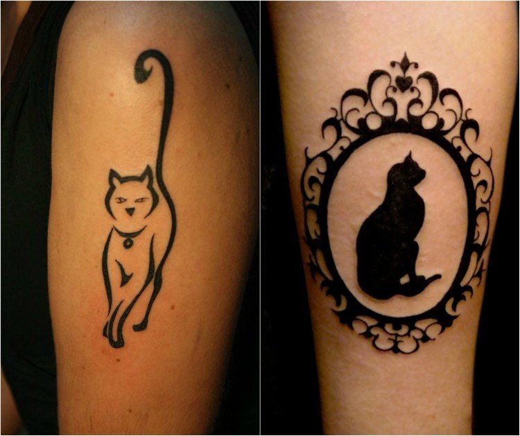 katt-tatuering-idéer-svart-siluett-barock-spegel-ram-överarm
