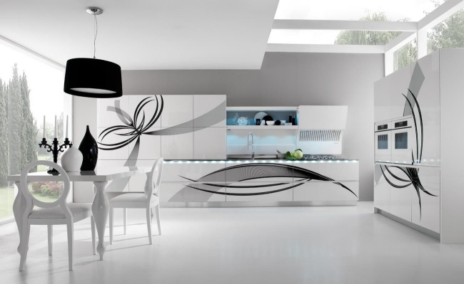Sju laminatkök-blommotiv-futuristiskt högglansigt vitt svart