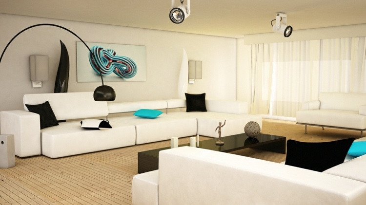 vitt vardagsrum vardagsidéer soffa turkosa accenter svart soffbord högglans
