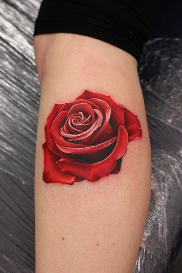 3d tatuering underben-idé-röd-ros-damer