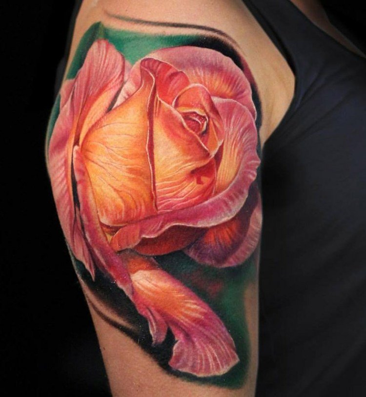 3d tatuering romantisk-ros-orange-rosa-realistisk-blomma